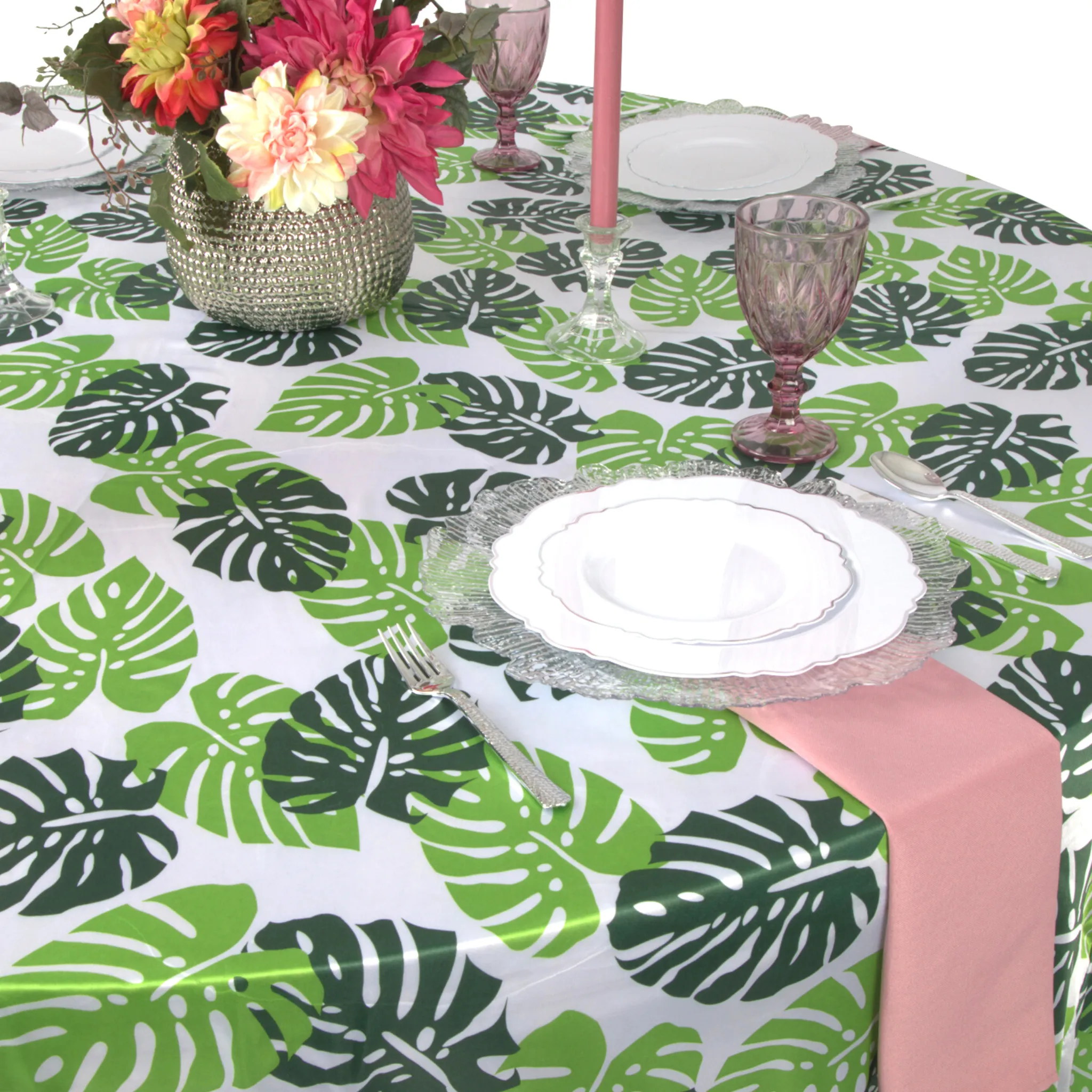 Satin 120" Round Tablecloth - Tropical Palm Leaf