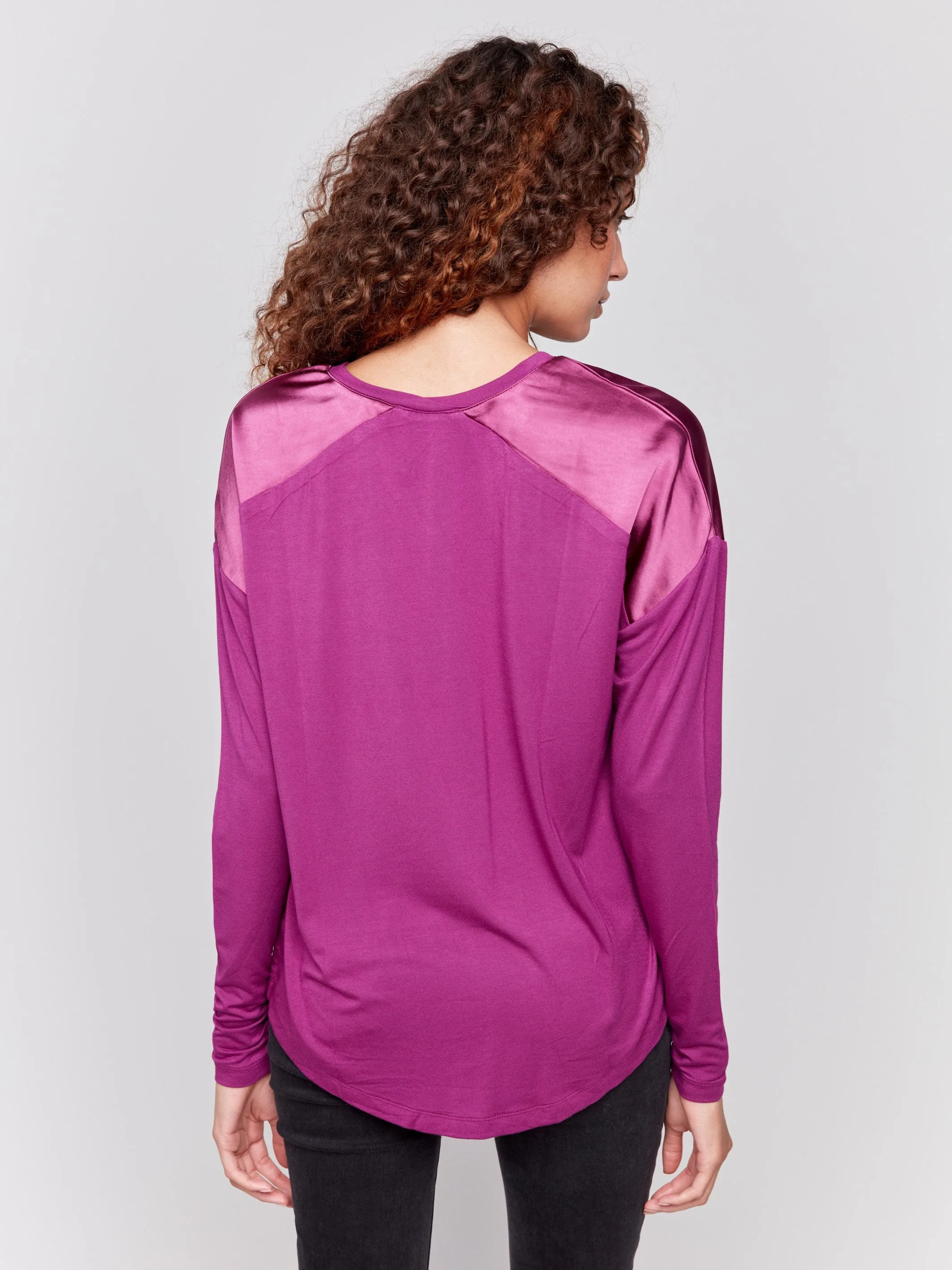 Satin and Jersey V-Neck Knit Top - Mulberry