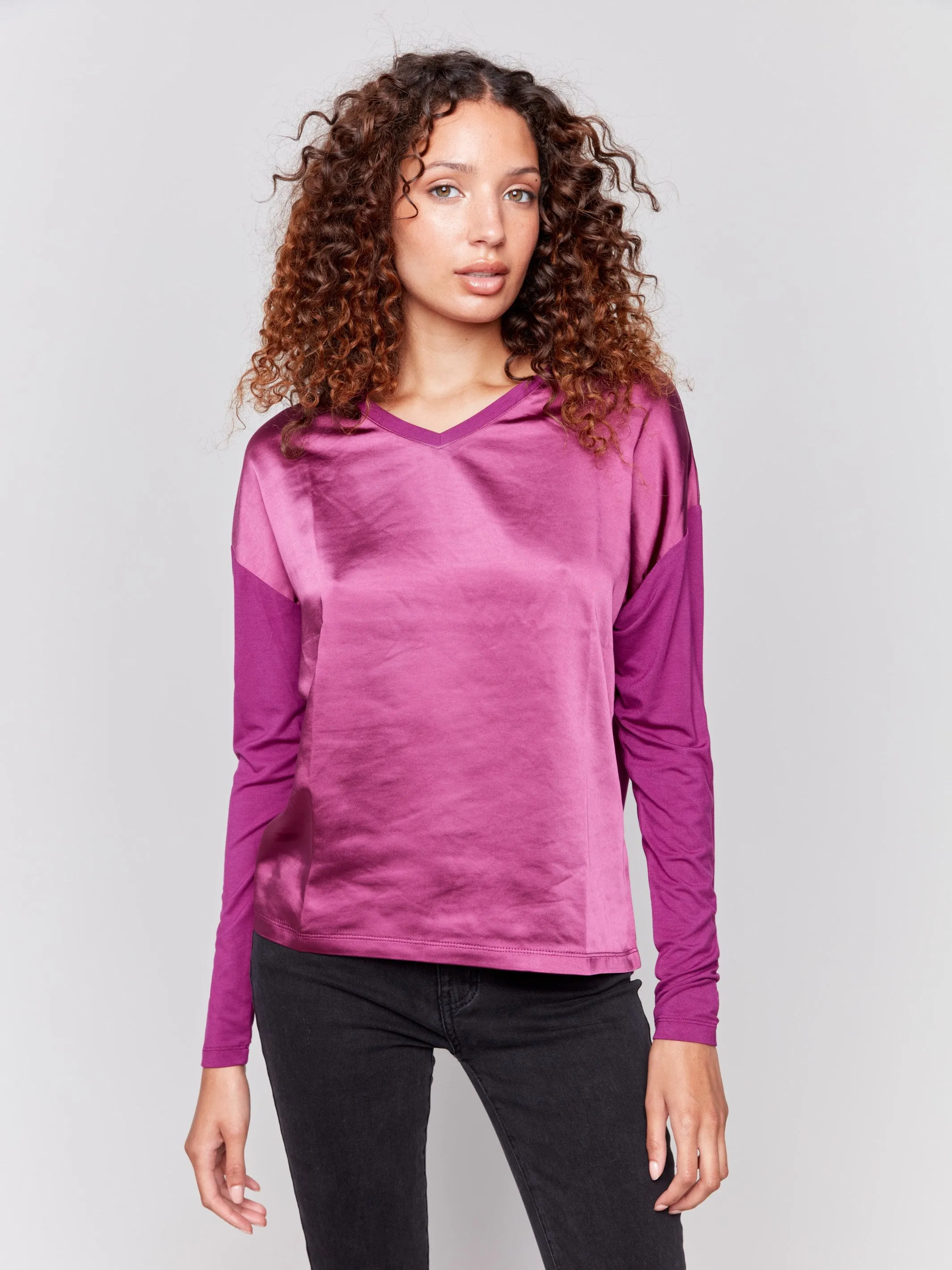 Satin and Jersey V-Neck Knit Top - Mulberry