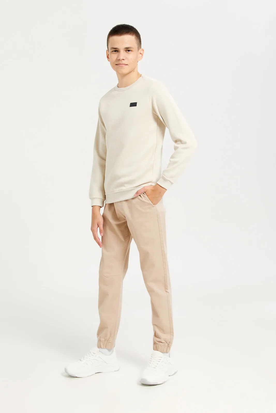 Senior Boys Beige Chest Logo Sweatshirt