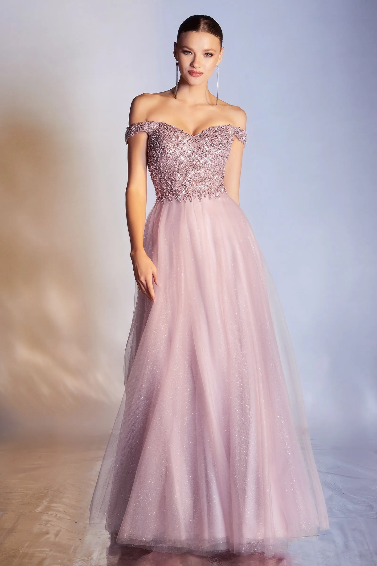 Sequns Lace Bodice and Tulle Off The Shoulder A-Line Dress by Cinderella Divine - CD0177 - Special Occasion