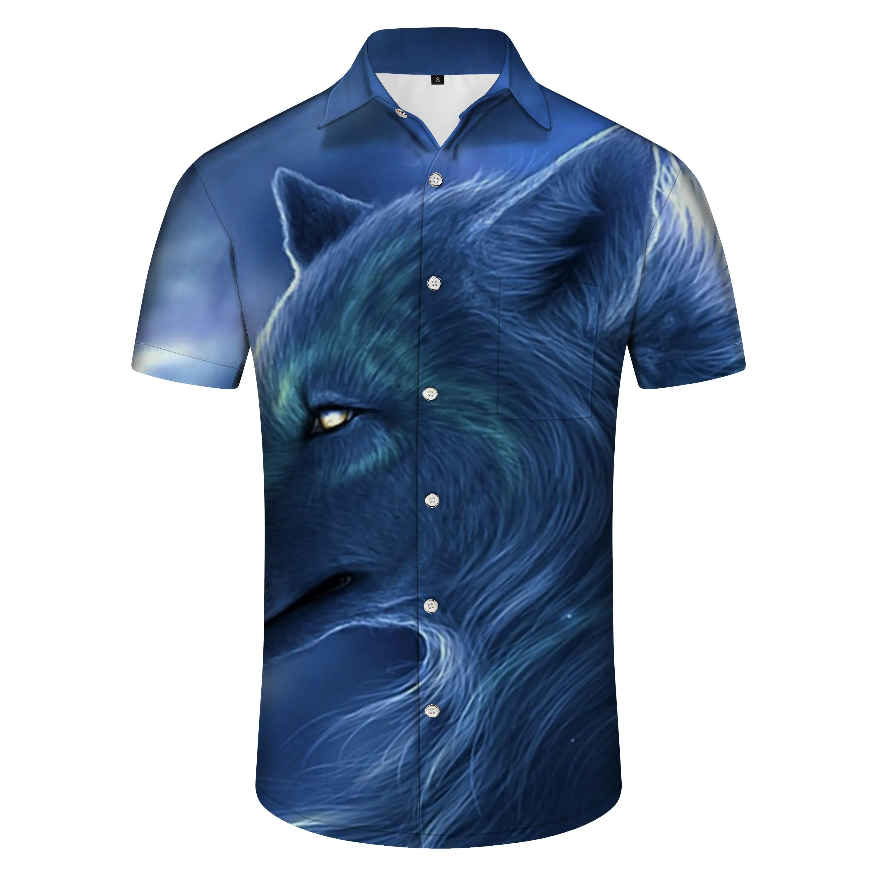 Sharp wolf head eyes 3d printed pattern men's street lapel button down Hawaiian shirt short sleeve beach thin style