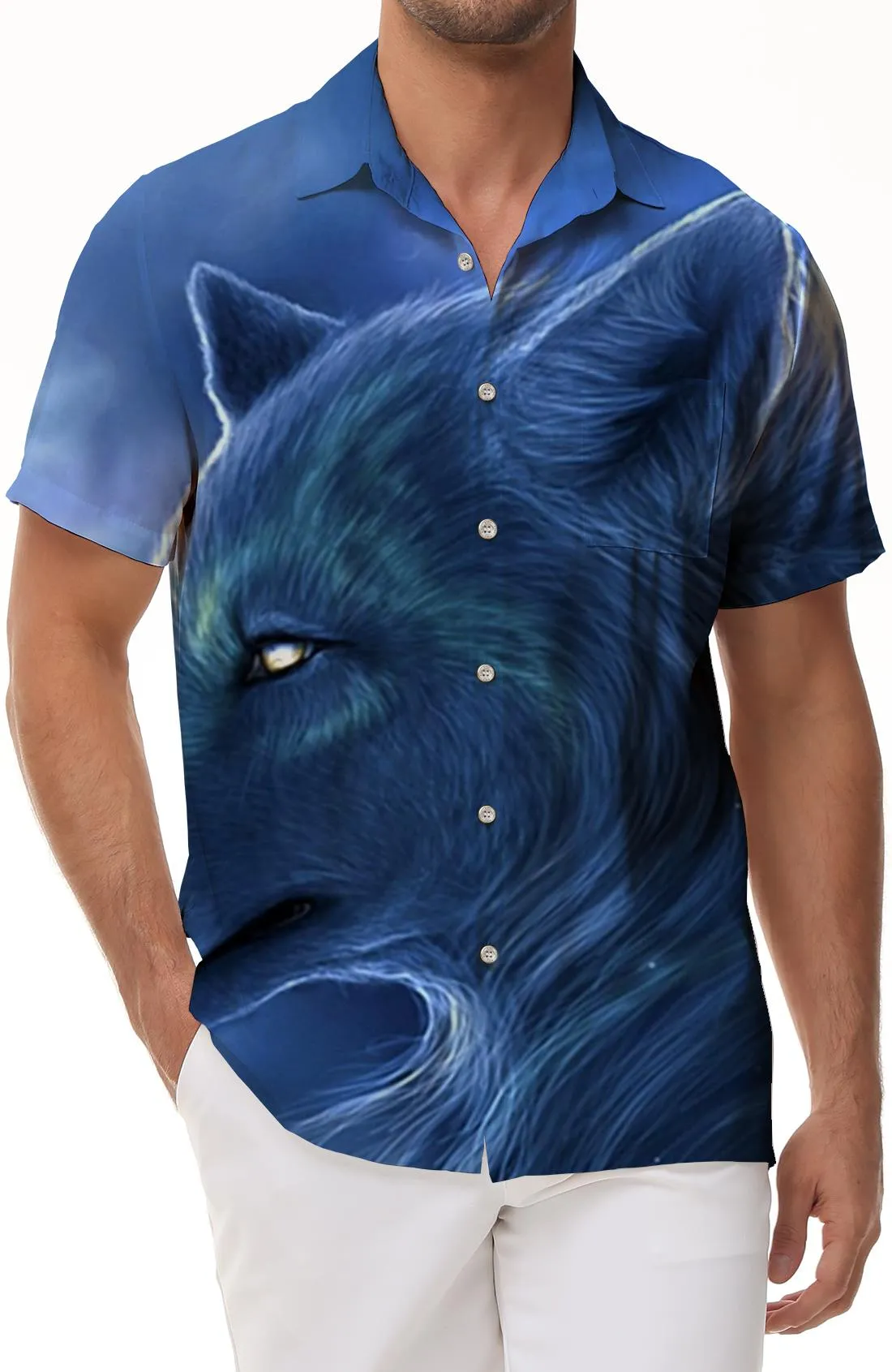 Sharp wolf head eyes 3d printed pattern men's street lapel button down Hawaiian shirt short sleeve beach thin style