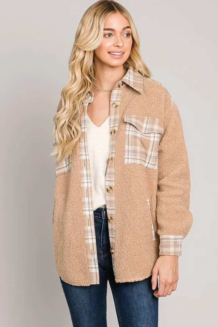 Sherpa Collared Button Front Shacket w Plaid Camel