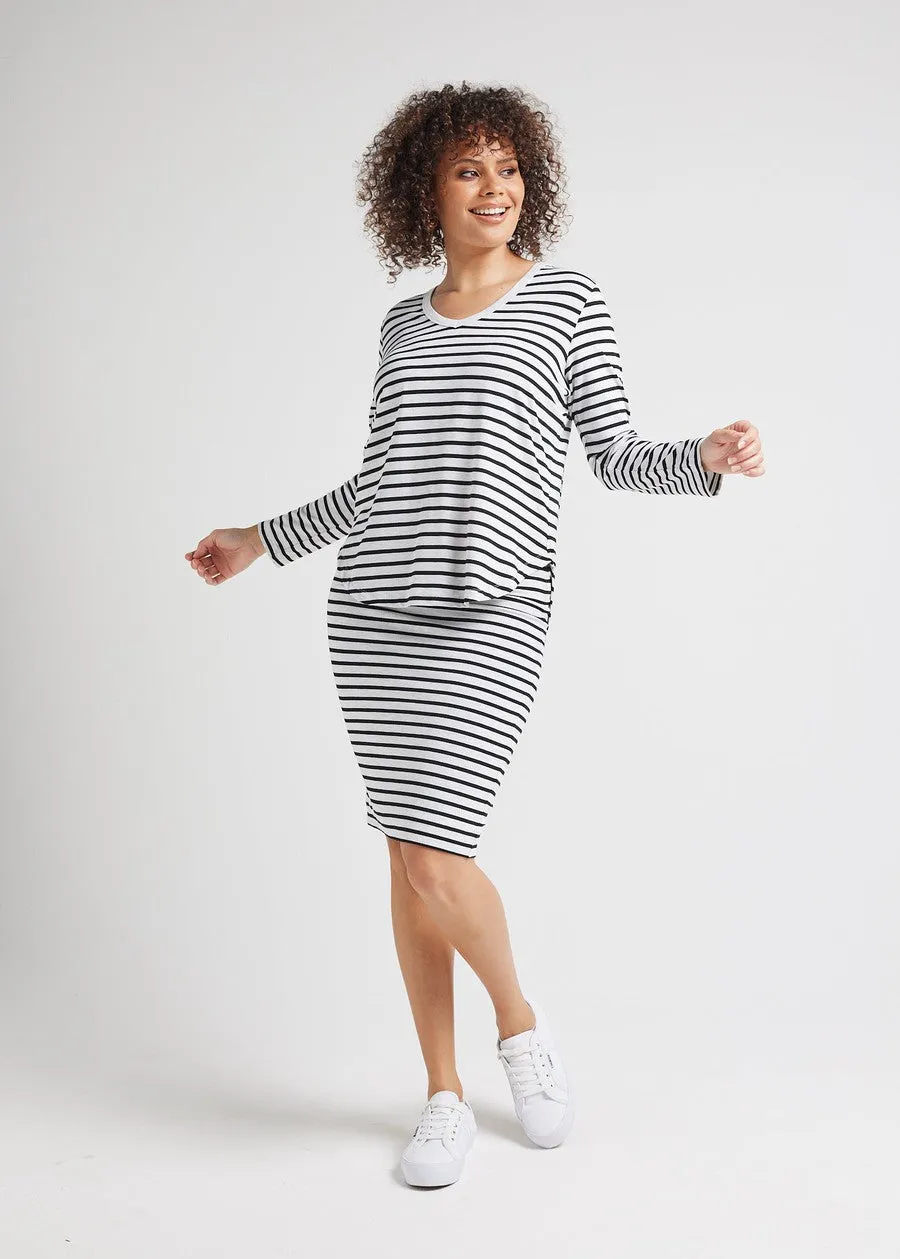 Sia V Neck Bamboo Longsleeve Top - Grey Marle & Black Stripe