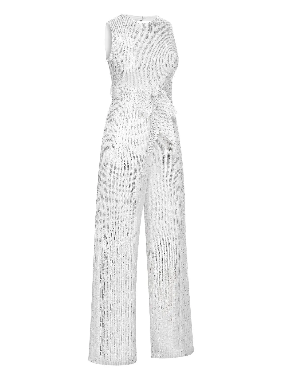 Silver 1930s Solid Sequined Backless Jumpsuit