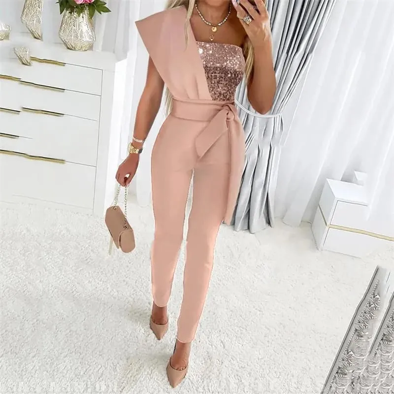 Sleek Backless Slim Fit High Waist Jumpsuit with Sequins