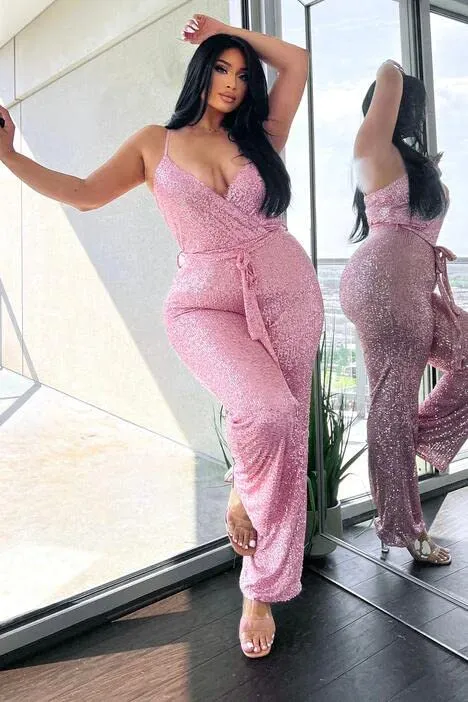 Soft Pink Sequin Glitter Sleeveless Jumpsuit