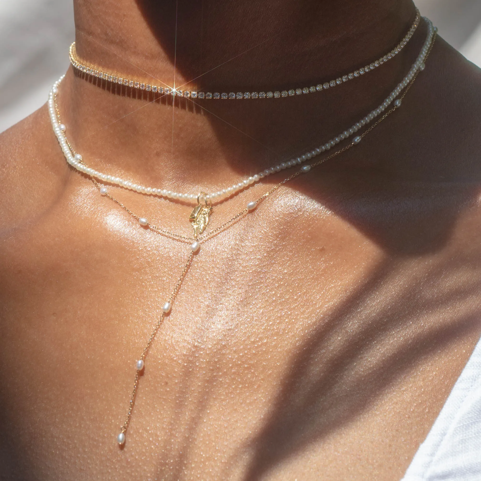 Solid Gold Pearl Lariat Necklace