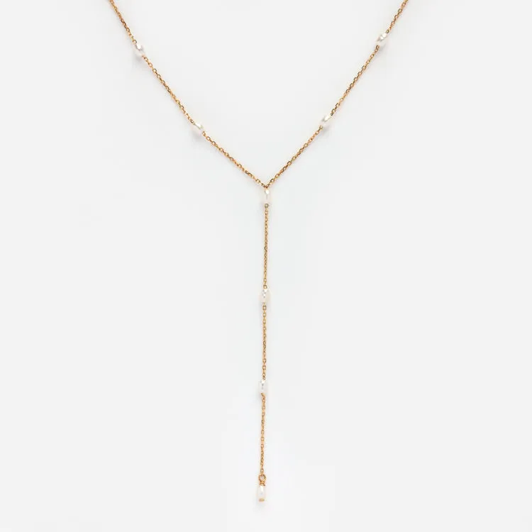 Solid Gold Pearl Lariat Necklace