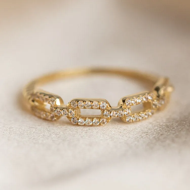 Solid Gold White Sapphire Chunky Chain Link Ring