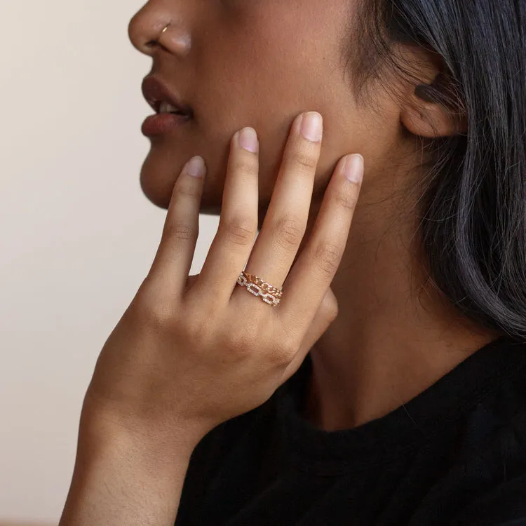 Solid Gold White Sapphire Chunky Chain Link Ring