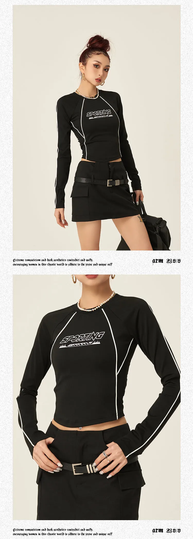 SPORTING Graphic Letter Print Patchwork Black Long Sleeve Slim Cropped Top