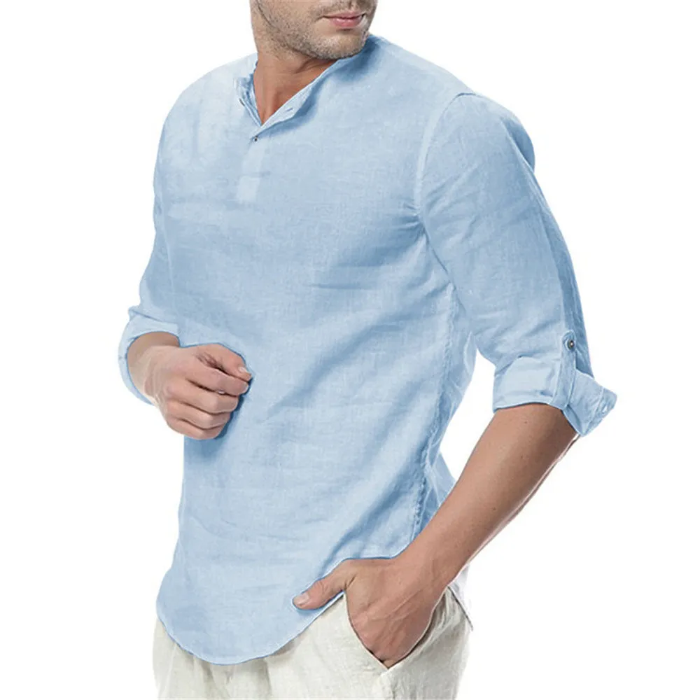 Stand-up Collar Cotton Linen Long-sleeved Shirt