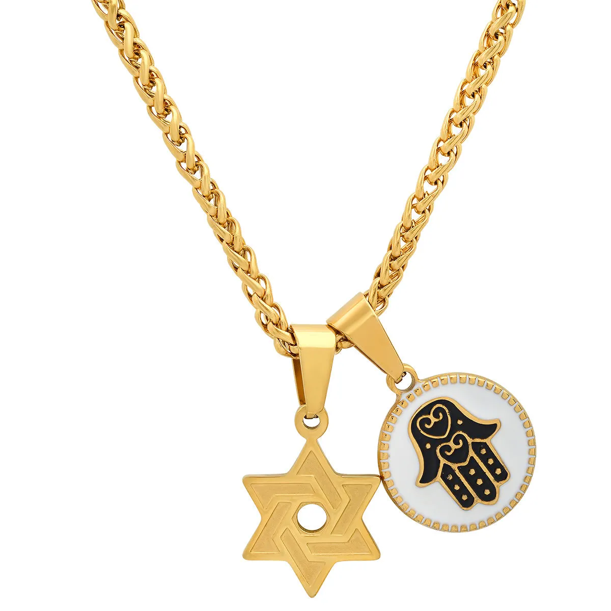 SteelTime Star of David   Hamsa Double Pendant Necklace