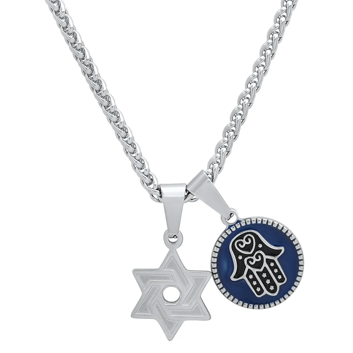 SteelTime Star of David   Hamsa Double Pendant Necklace