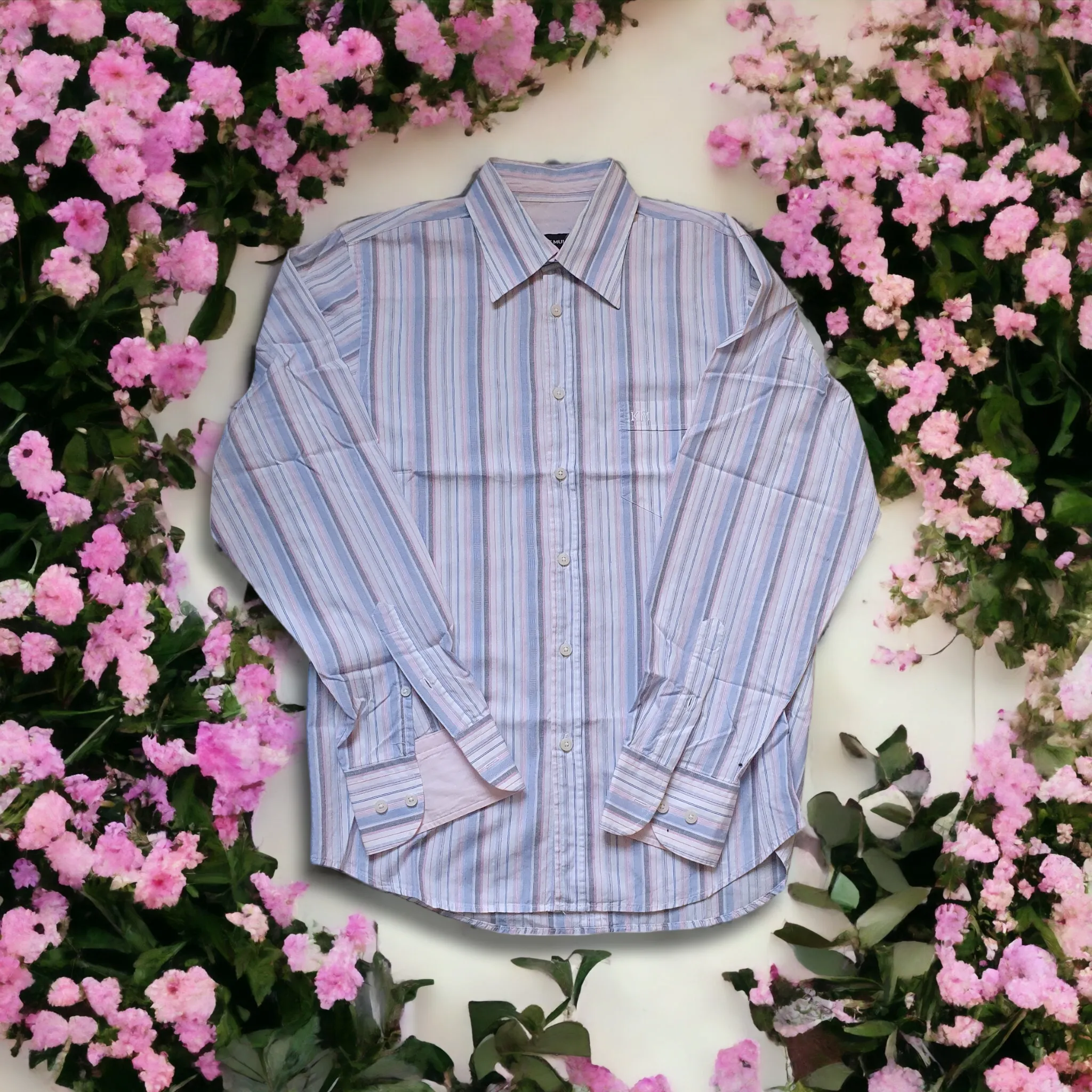 Stipe Cotton Oversized Pink Grey Baby Blue White 100% Cotton - Medium - Kurt Muller - Shadow Stripe Shirt