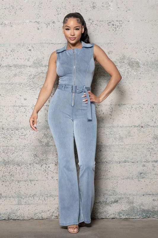 STRETCH DENIM BELLBOTTOM JUMPSUIT