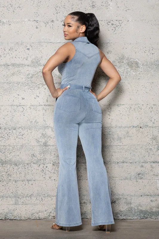 STRETCH DENIM BELLBOTTOM JUMPSUIT