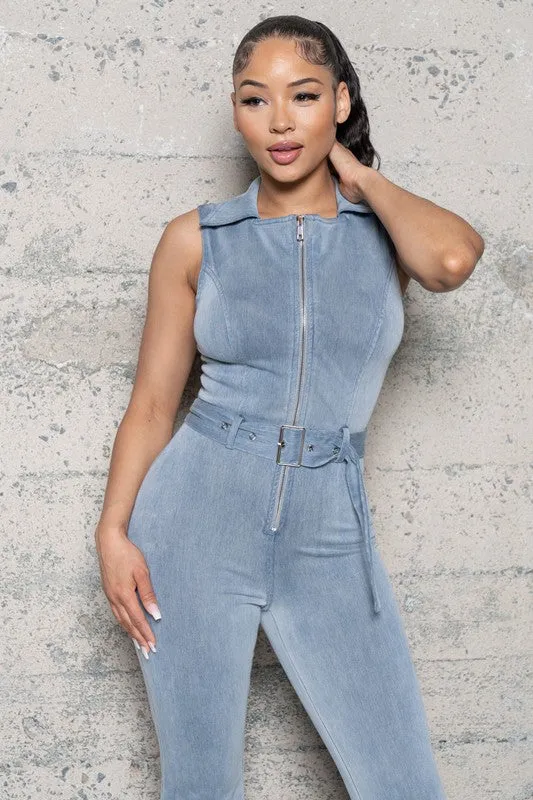 STRETCH DENIM BELLBOTTOM JUMPSUIT