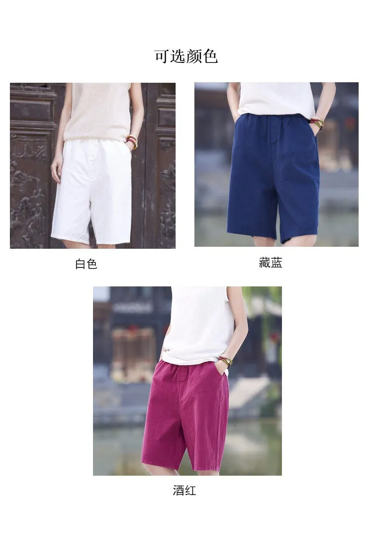 Summer loose linen large size casual high waist knee length in the pants J099