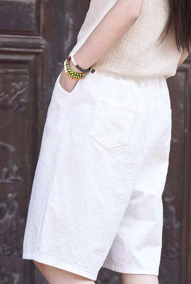 Summer loose linen large size casual high waist knee length in the pants J099