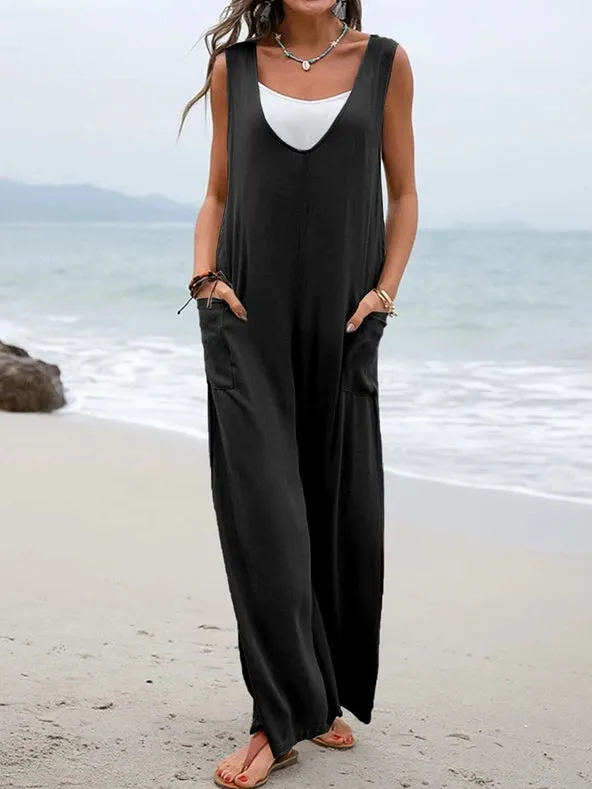 Sweetkama Ladies Two Shoulder Overalls Solid Daily Jumpsuit Black