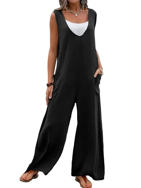 Sweetkama Ladies Two Shoulder Overalls Solid Daily Jumpsuit Black