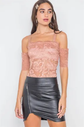 Taupe Cami Off-The-Shoulder Floral Lace Bodysuit