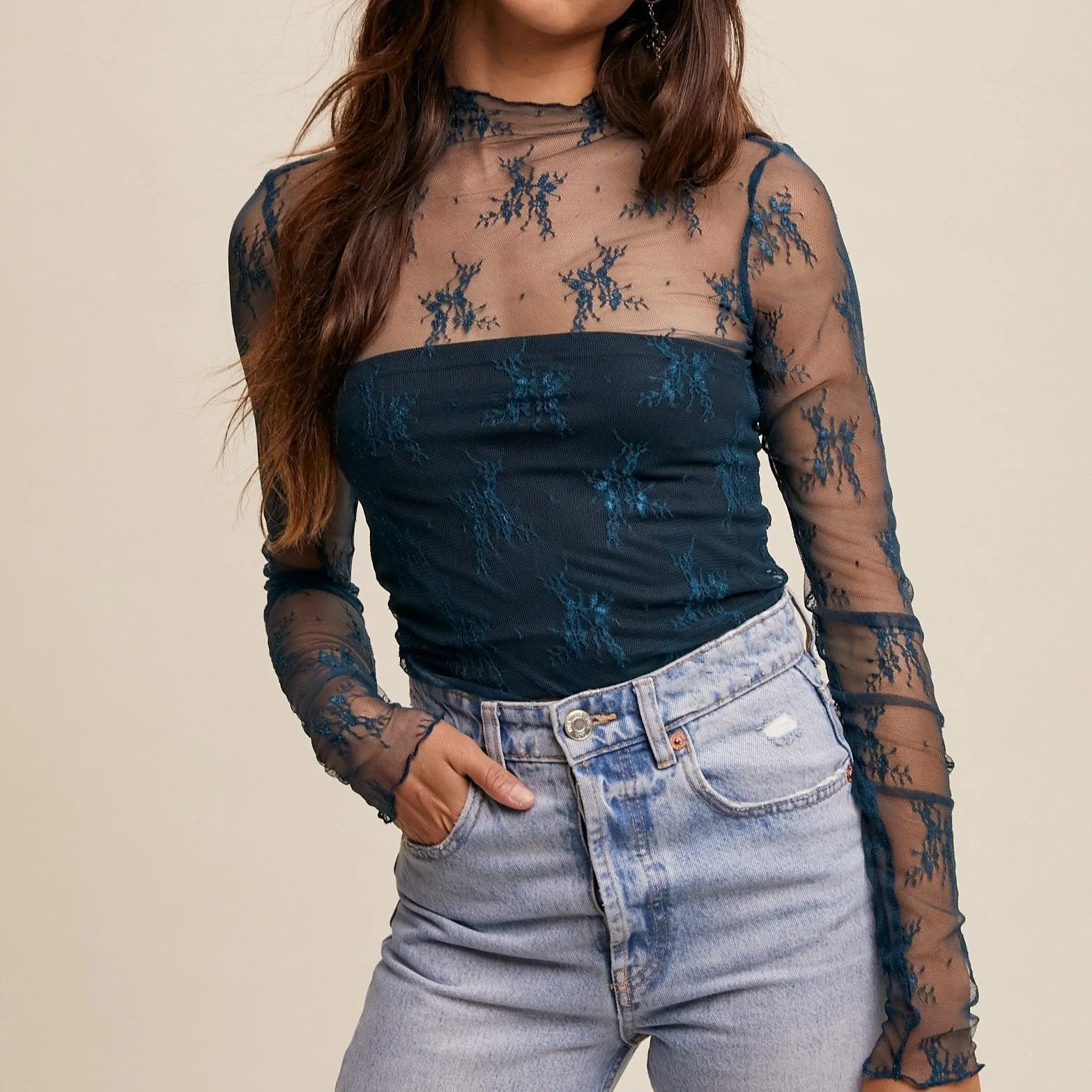 Teal Lace Mock Neck Layering Top