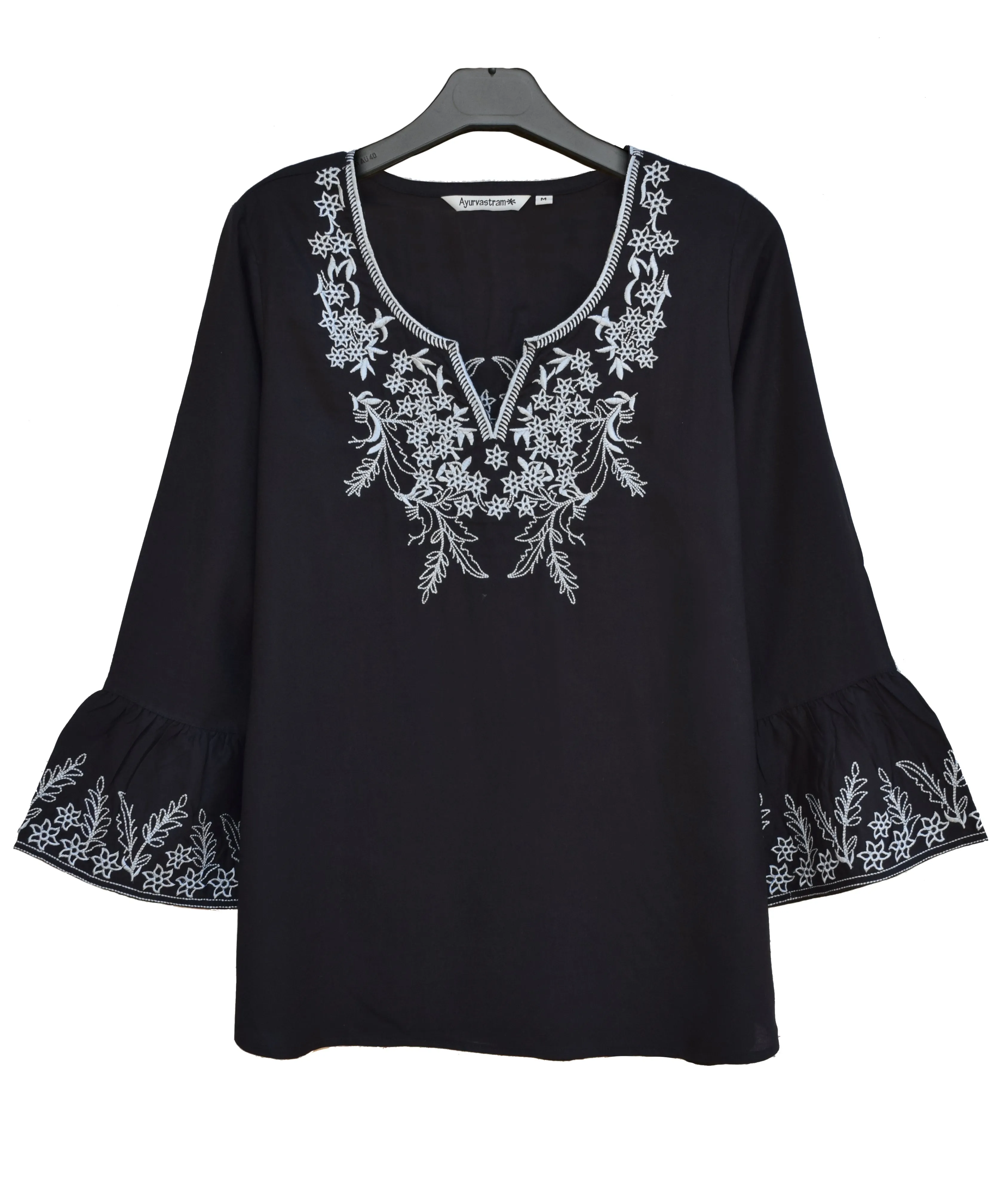 Tia Embroidered Viscose Rayon Blouse with Bell Sleeves