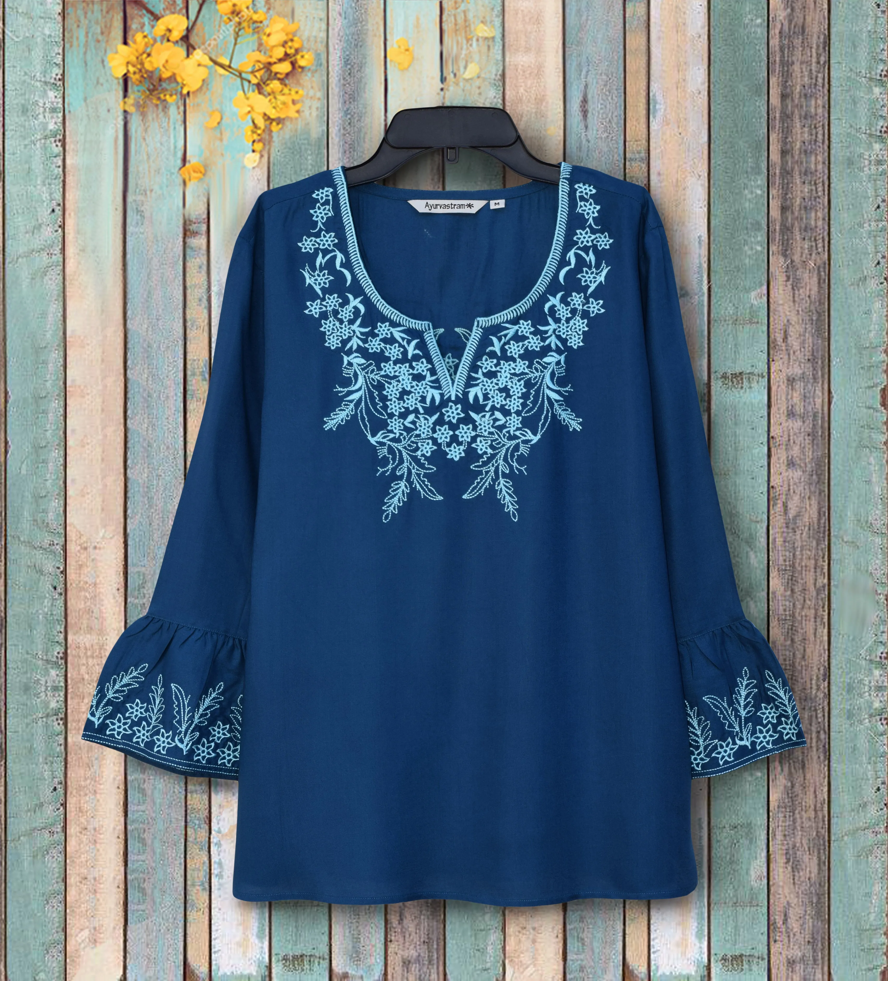 Tia Embroidered Viscose Rayon Blouse with Bell Sleeves