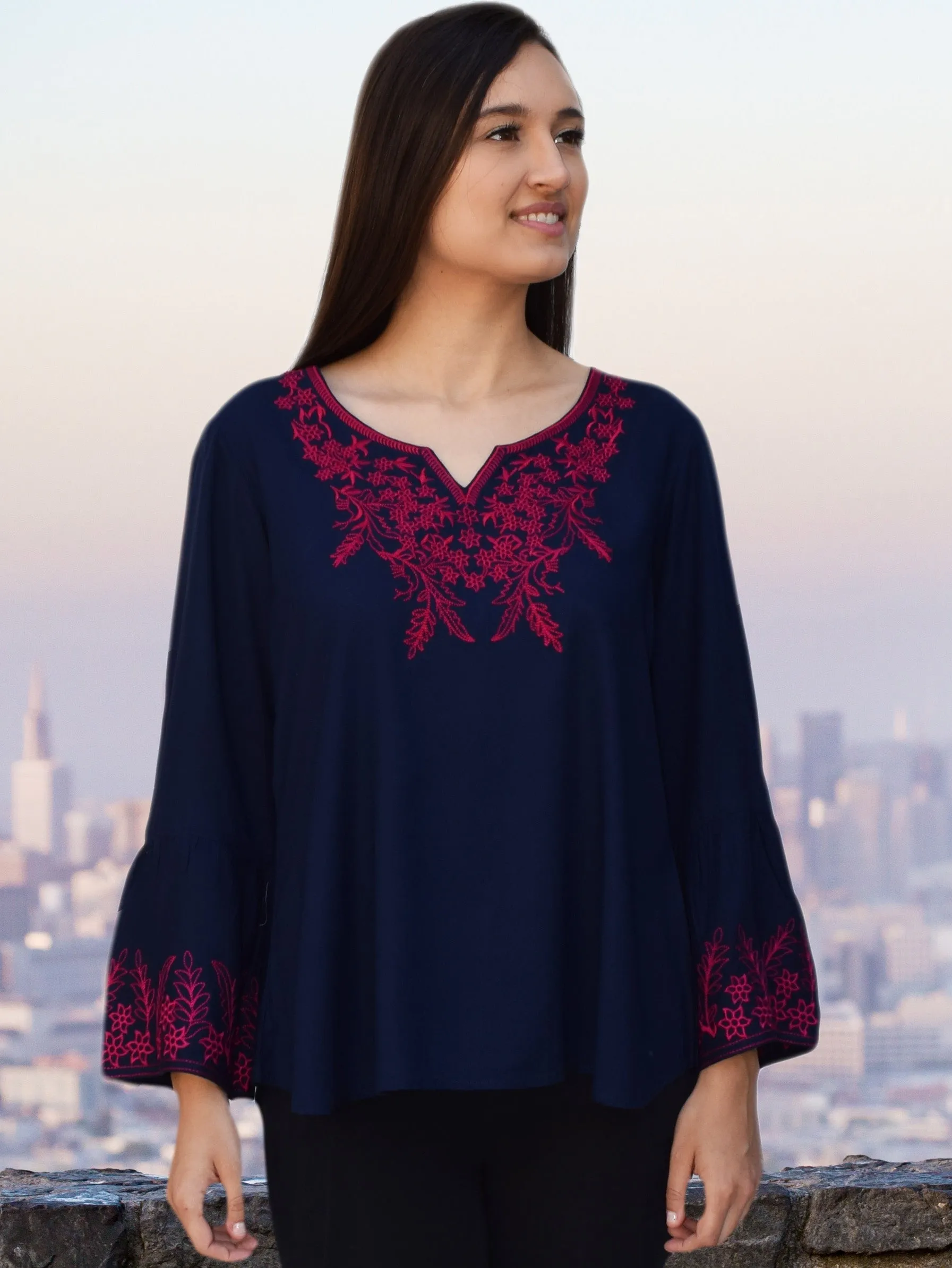 Tia Embroidered Viscose Rayon Blouse with Bell Sleeves