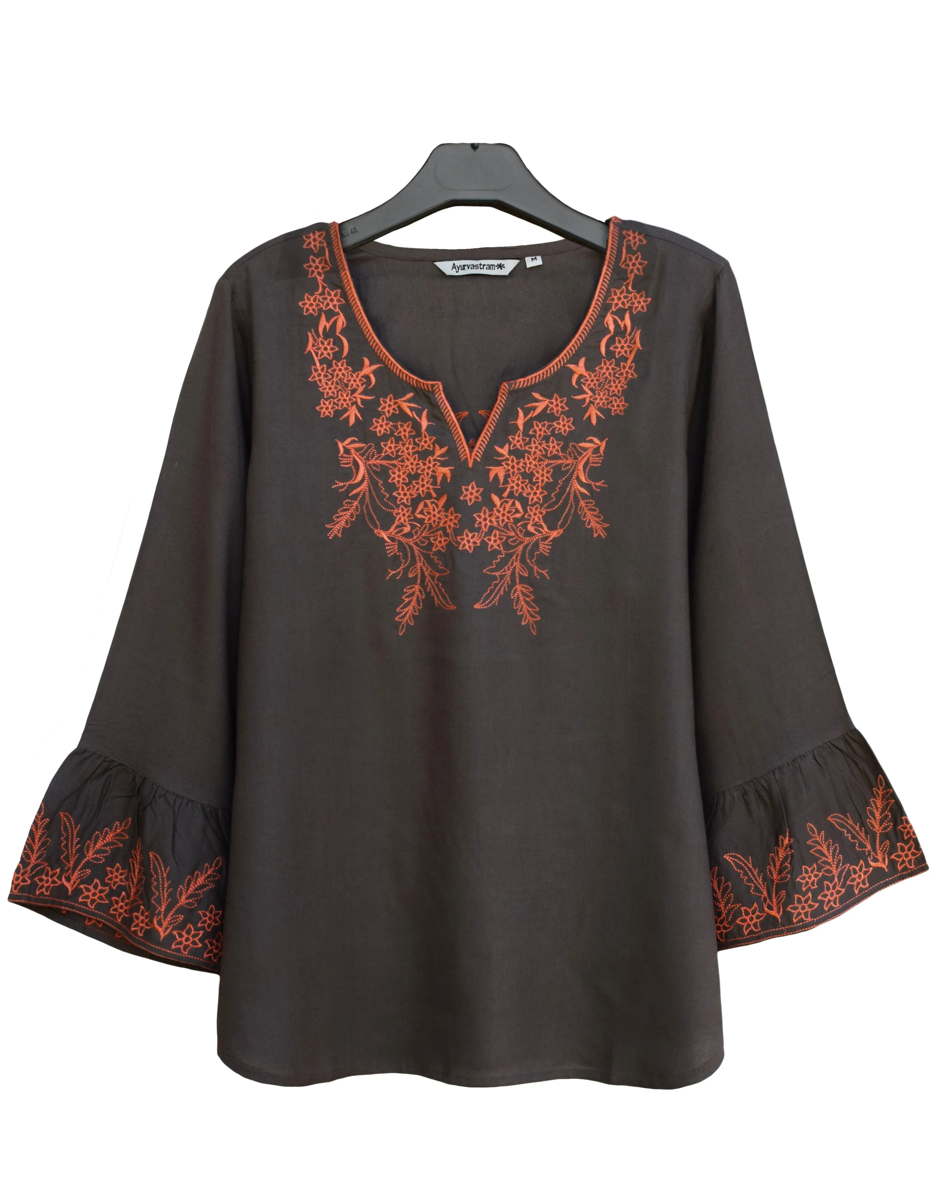 Tia Embroidered Viscose Rayon Blouse with Bell Sleeves