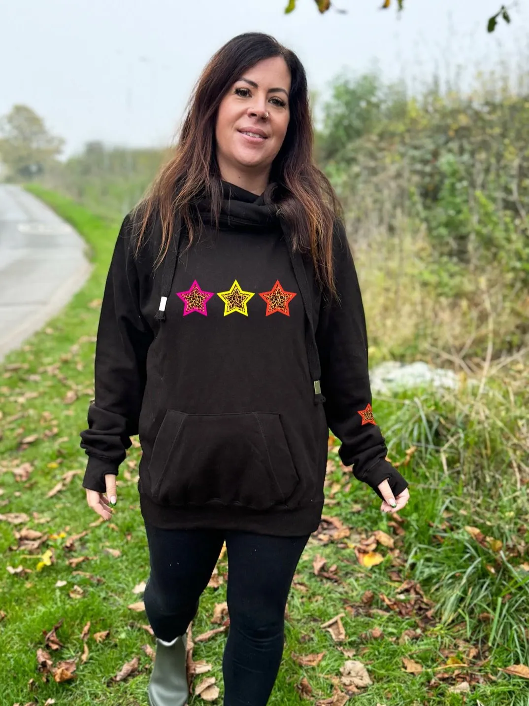 Triple Neon Stars Luxe Hoodie - Black