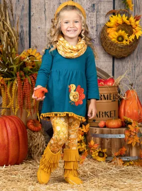 Turkey Season Pom Pom Tunic, Leggings And Scarf Set