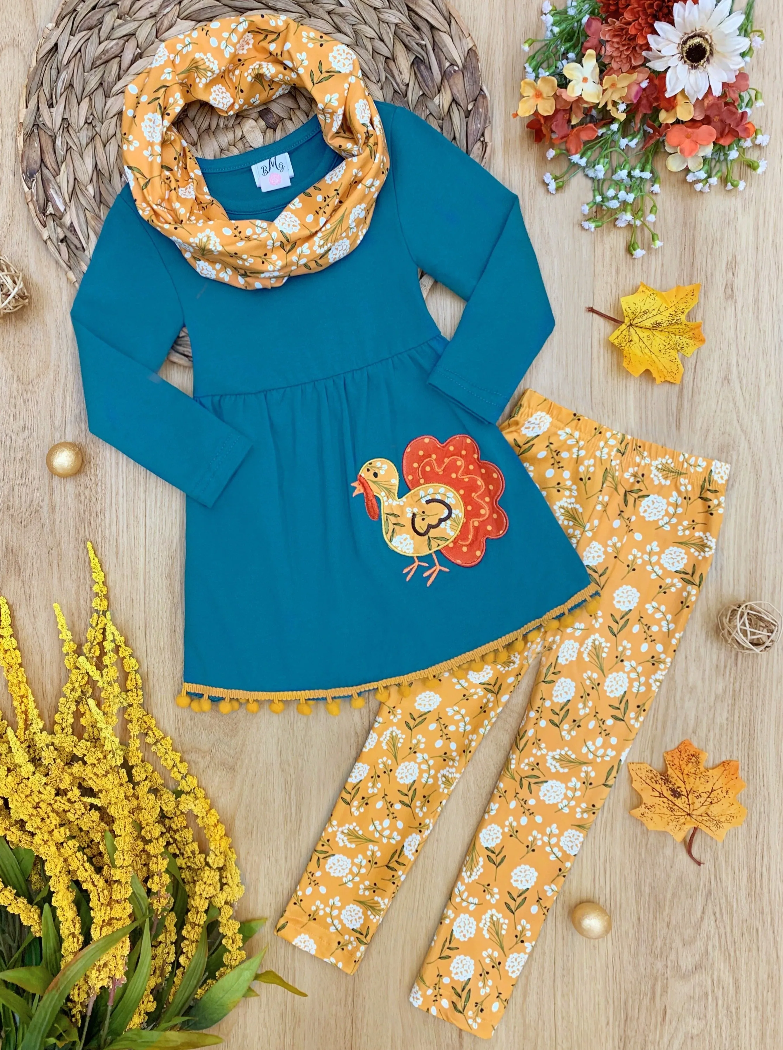 Turkey Season Pom Pom Tunic, Leggings And Scarf Set