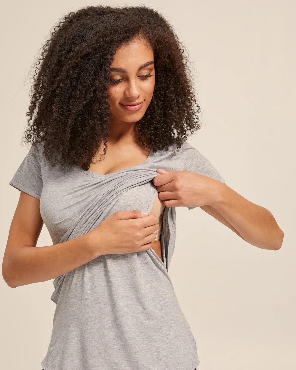 V Neck Bamboo Nursing Tee - Grey Marle