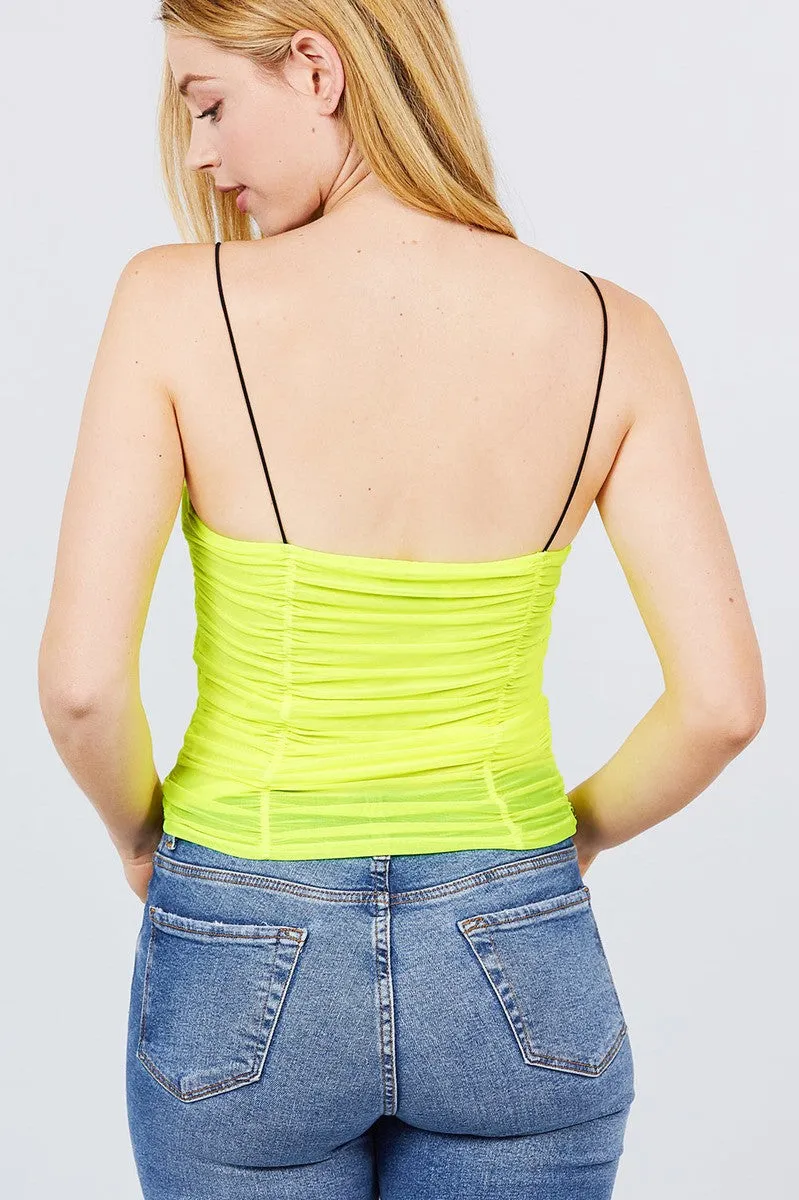 V-neck W/shirring Detail Elastic Strap Mesh Cami Top