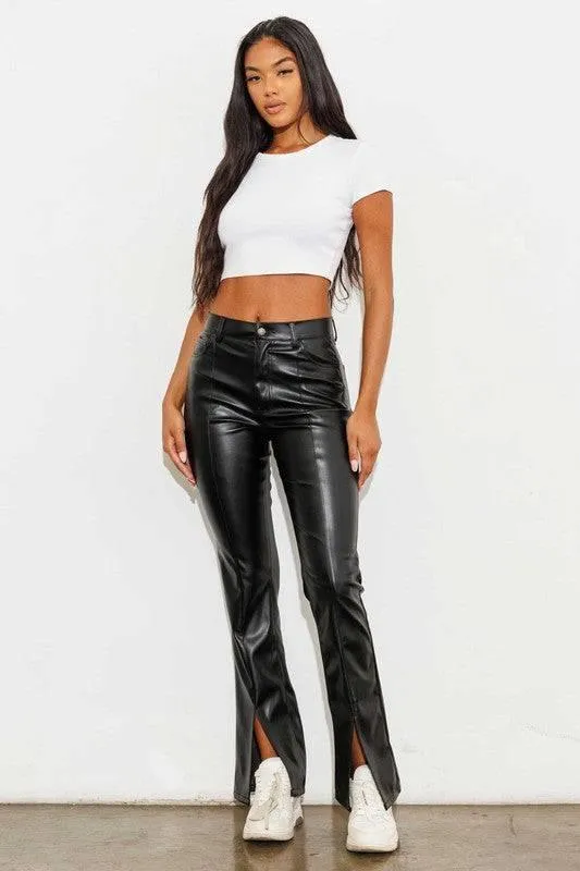 Vegan Leather Front Slit Bootcut Pants