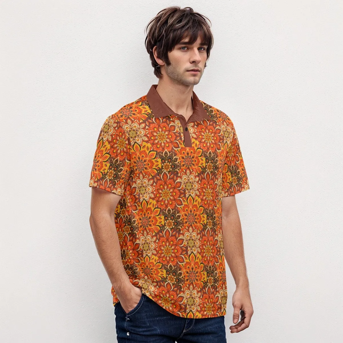 Velvet Polo Shirt, 70s Style Shirt, 70s Shirt Men, Vintage Polo Shirt, Boho Shirt Men, Hippie Shirt Men, 70s Floral Shirt, Orange Polo Shirt