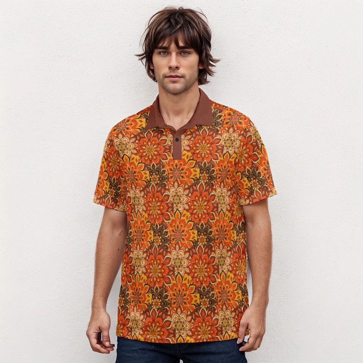 Velvet Polo Shirt, 70s Style Shirt, 70s Shirt Men, Vintage Polo Shirt, Boho Shirt Men, Hippie Shirt Men, 70s Floral Shirt, Orange Polo Shirt