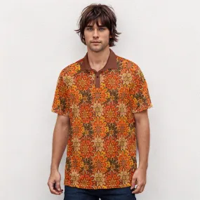 Velvet Polo Shirt, 70s Style Shirt, 70s Shirt Men, Vintage Polo Shirt, Boho Shirt Men, Hippie Shirt Men, 70s Floral Shirt, Orange Polo Shirt