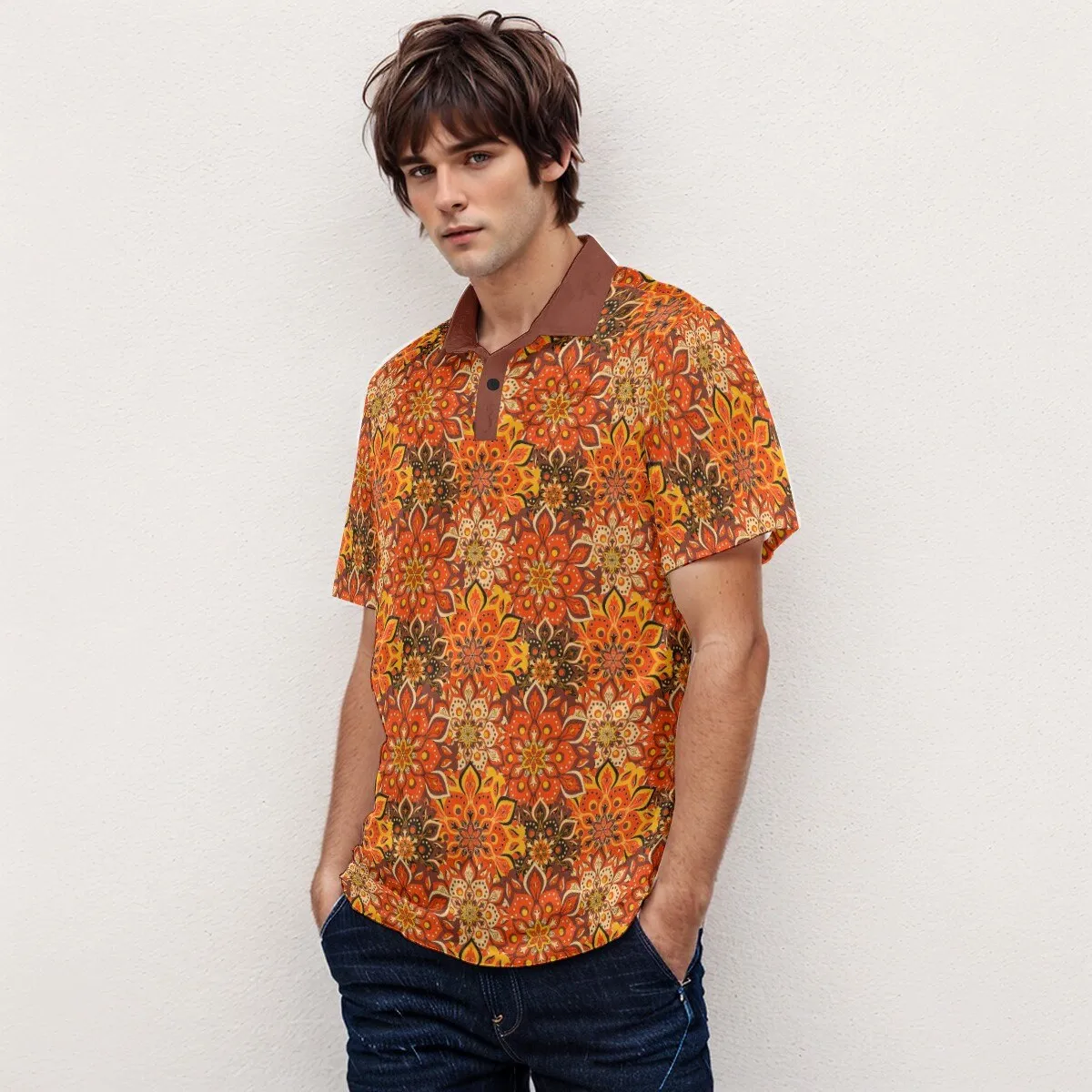 Velvet Polo Shirt, 70s Style Shirt, 70s Shirt Men, Vintage Polo Shirt, Boho Shirt Men, Hippie Shirt Men, 70s Floral Shirt, Orange Polo Shirt