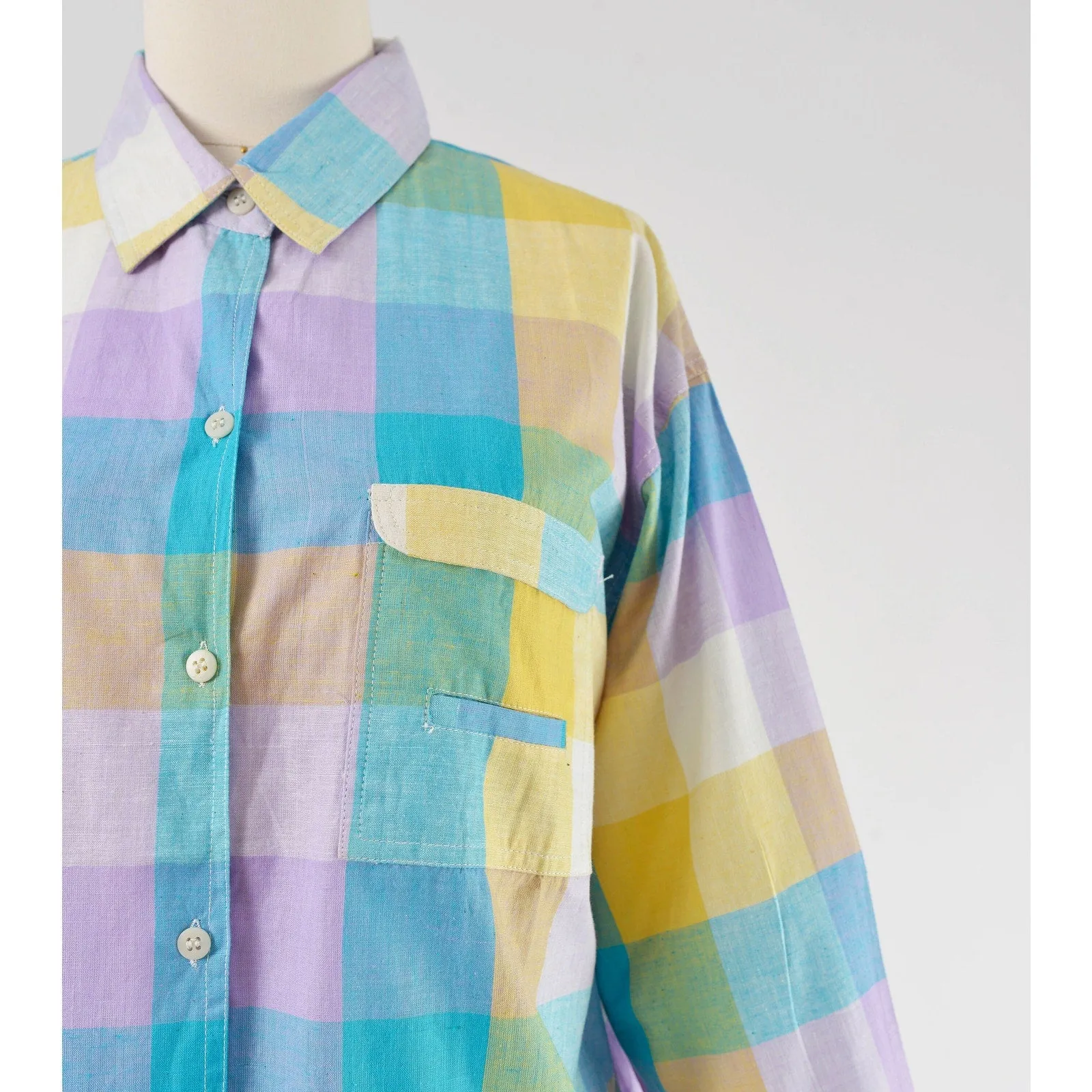 Vintage 90s Checkered Cotton Shirt Collared Button Down Madras Blouse size S M