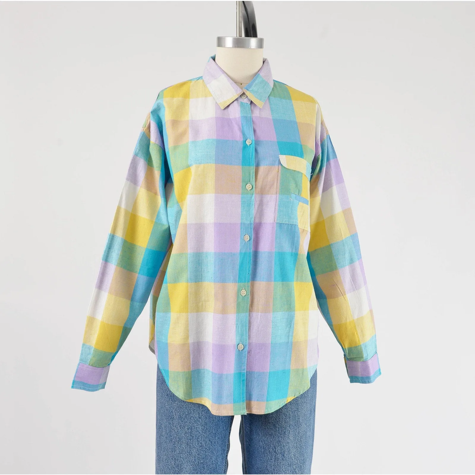 Vintage 90s Checkered Cotton Shirt Collared Button Down Madras Blouse size S M