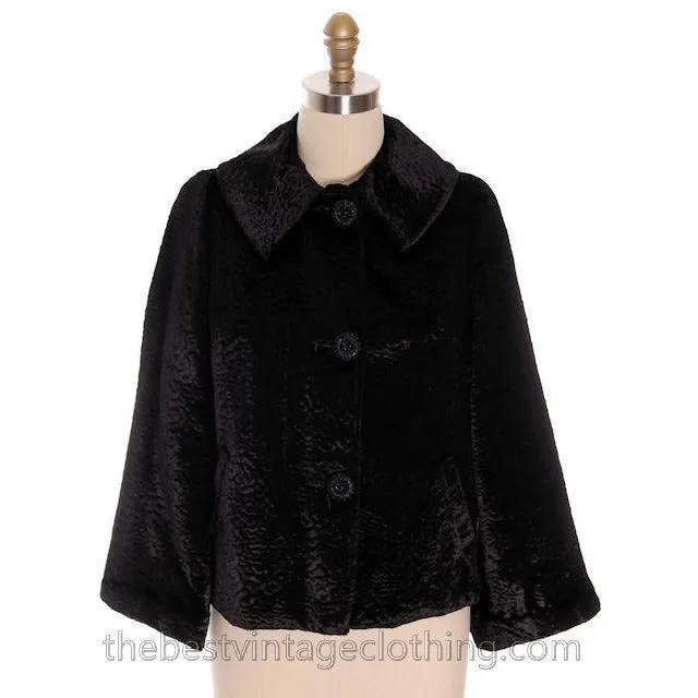 Vintage Faux Broadtail Lamb Swing Jacket Womens Faux Fur Black Large 1940s