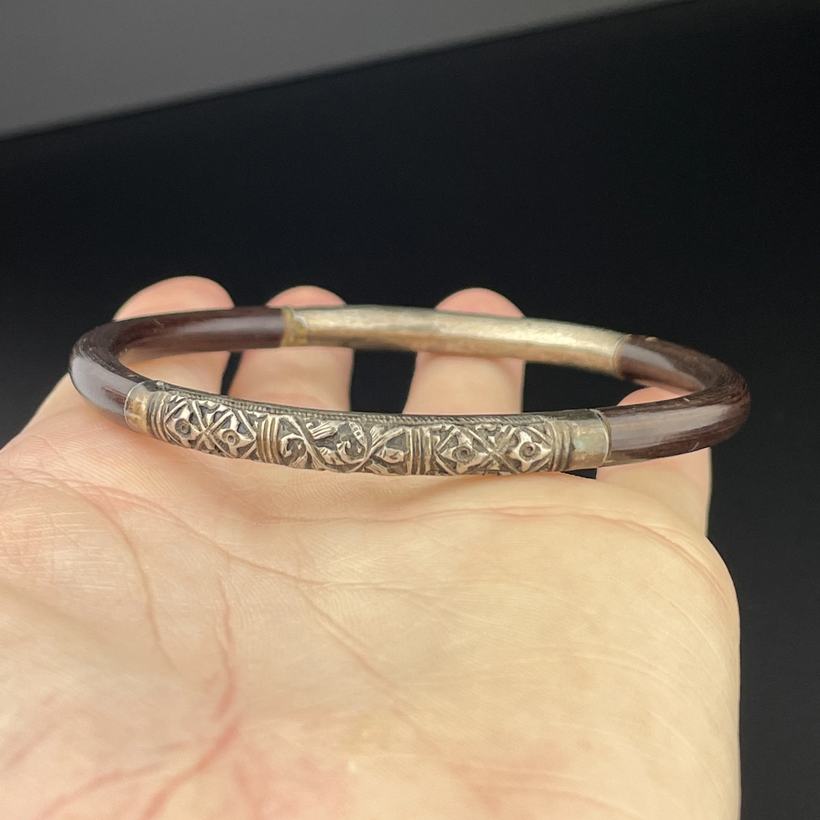 Vintage Silver Gold Vermeil Repousse Design Rattan Bangle Bracelet