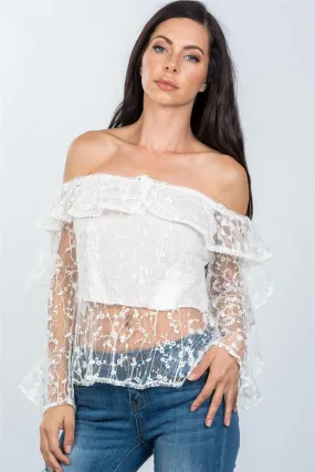 White Sheer Floral Textured Off The Shoulder Top /2-2-2