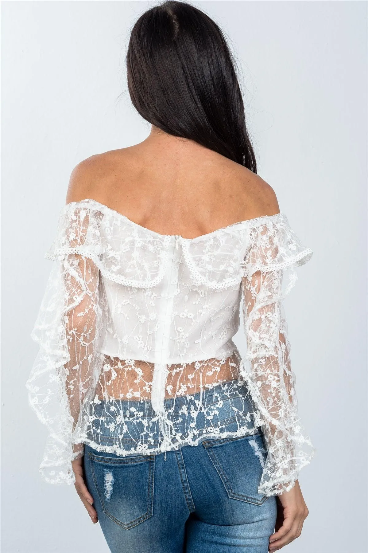 White Sheer Floral Textured Off The Shoulder Top /2-2-2